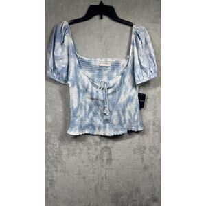 Lucky Brand NEW Top Women L Blue/White Tie Dye Smocked Bodice Crop Knit Pullover